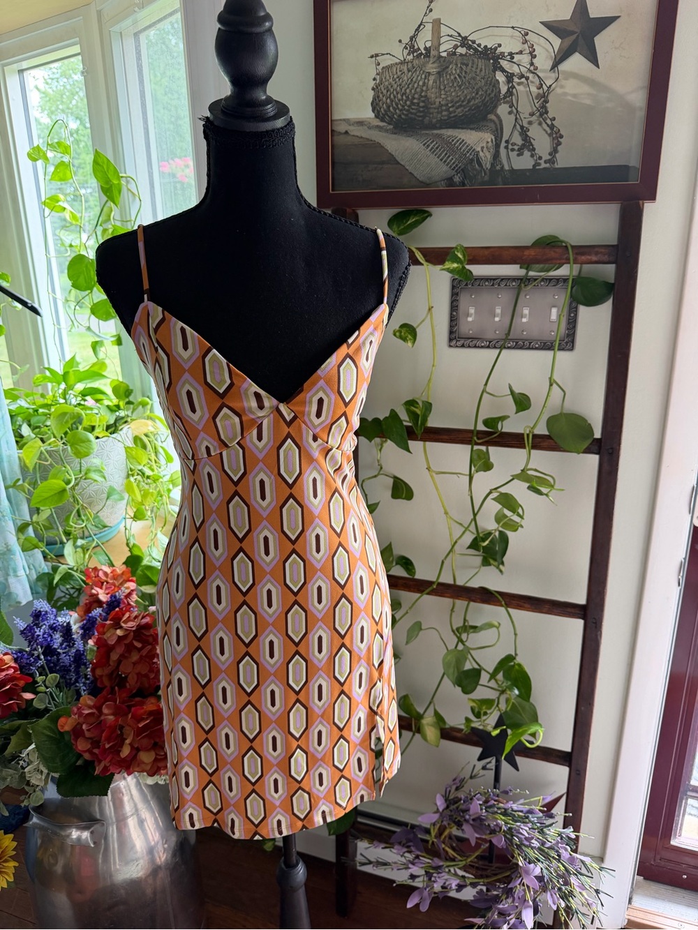 Lovely Day Orange Geometric Spaghetti-Strap Mini Dress NWOT